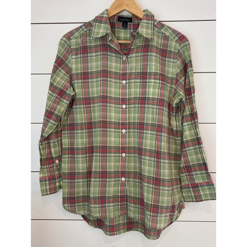 Lauren Jeans Co Ralph Lauren Green Red Plaid Cotton Button Down Shirt XS